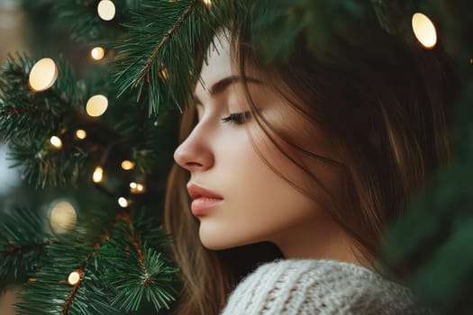 A young woman gazes thoughtfully while relaxing beside a decorated Christmas tree filled with bright lights and vibrant greenery.