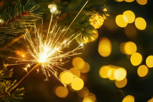 A sparkler emits bright light while held next to a decorated Christmas tree creating a magical ambiance during a festive evening.