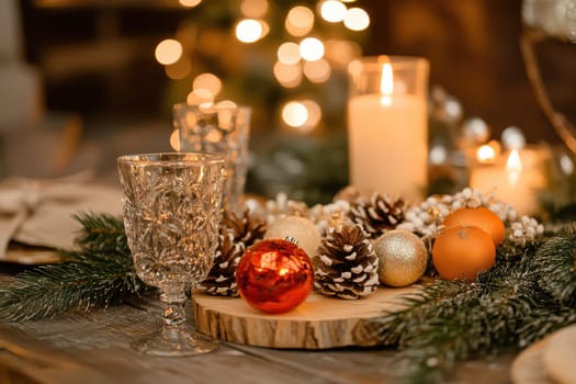 A beautifully arranged holiday table features colorful ornaments candles and pinecones creating a warm and inviting atmosphere.