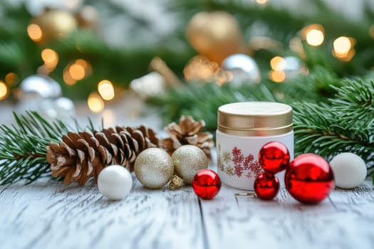 A cozy arrangement of decorative pine cones sparkling ornaments and a golden capped jar set against a background of evergreen branches.