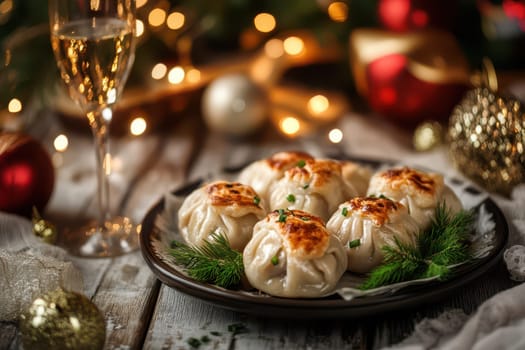 A beautifully arranged platter of dumplings garnished with herbs sits next to a sparkling drink creating a festive holiday atmosphere.