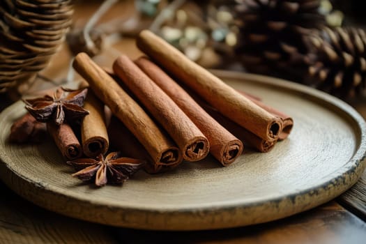 A collection of cinnamon sticks and star anise resting on a rustic wooden plate showcasing earthy tones and textures in a cozy setting.