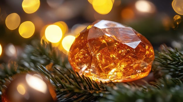 A sparkling orange gemstone rests on green foliage adorned with warm twinkling lights creating a festive and inviting atmosphere.