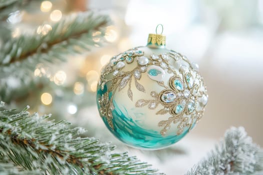 An ornate Christmas ornament dangles from a snowy tree branch reflecting lights and adding festive cheer to the cozy setting.
