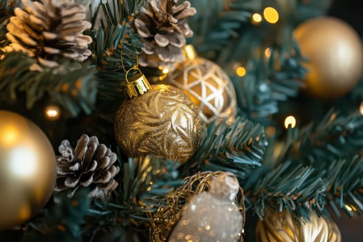 A beautifully adorned holiday tree displays golden ornaments and pinecones capturing the festive spirit of the season with warm lights.