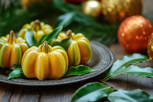 Golden pumpkin shaped treats arranged elegantly with decorative greens and festive ornaments adding cheer to a holiday gathering.
