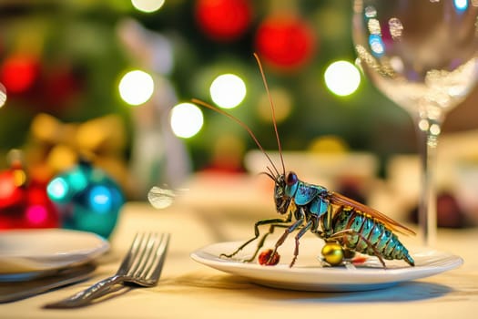 A vibrant insect explores a dinner plate surrounded by holiday decorations and festive lights creating a unique dining atmosphere.