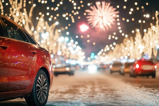 A vibrant street decorated with lights features a red car parked as colorful fireworks illuminate the night sky during a festive celebration.