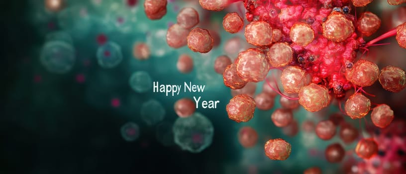 Vibrant microscopic view of microbes blended with a New Year message celebrating the arrival of a new year in a unique visual style.