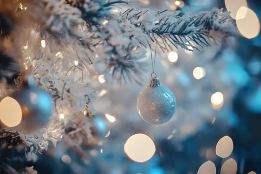 A silver ornament dangles from a snowy Christmas tree branch surrounded by warm glowing lights creating a festive atmosphere.