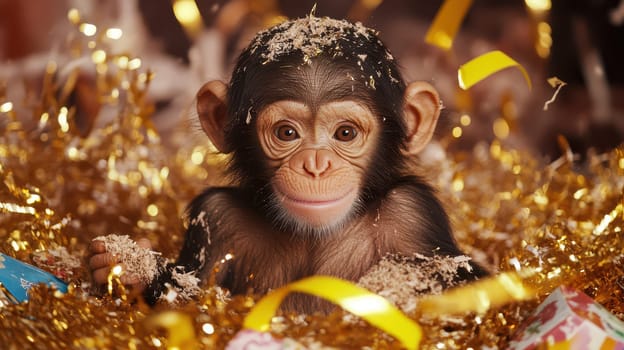 A playful baby monkey sits amidst golden confetti and colorful wrapping paper enjoying a festive atmosphere during a celebration.