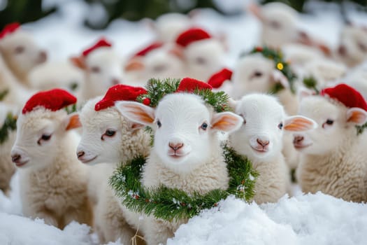 A group of cute lambs adorned with red Santa hats and green wreaths frolic in a snowy landscape spreading holiday cheer.