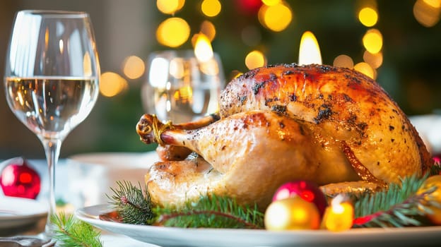 A beautifully roasted turkey takes center stage on a festive table surrounded by elegant glassware and holiday ornaments.