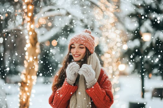 A young woman smiles brightly while standing outside in a snowy landscape surrounded by lights and winter decorations.