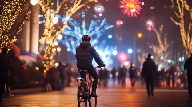 A person rides a bicycle through a vibrant street decorated with colorful lights and holiday decorations on a winter evening.