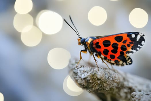 A vibrant butterfly with orange and black patterns sits on a rock under soft daylight surrounded by a blurred background.