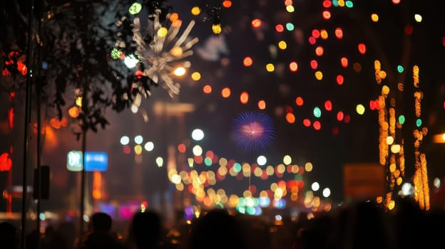 Crowds enjoy a vibrant night celebration filled with fireworks and colorful lights in an urban setting during a festive occasion.