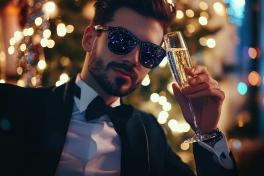 A well dressed man toasts with a sparkling drink while sitting near a beautifully decorated Christmas tree enjoying the festive atmosphere.