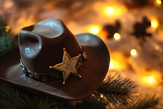 A cowboy hat adorned with a shiny badge rests among holiday decorations and warm lights creating a festive ambiance.