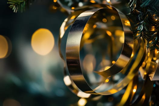 Golden ribbons elegantly adorn a festive setting adding charm to holiday decorations and creating a warm cheerful ambiance.