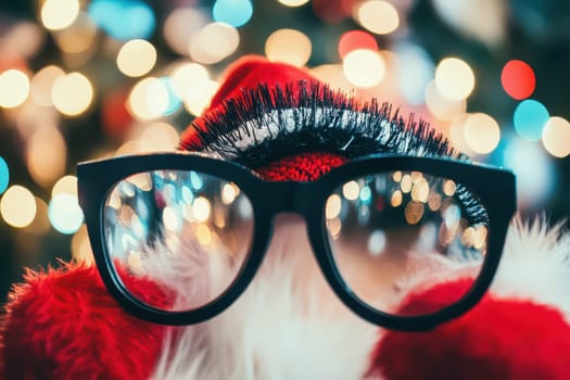 A pair of large glasses adorned with fake eyelashes is held up in front of a blurred Christmas tree decorated with colorful lights.
