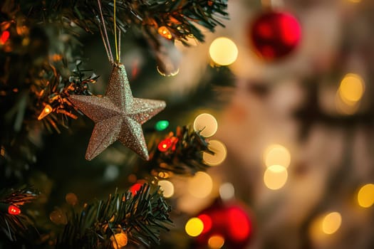 A glittering gold star ornament hangs from a lush green Christmas tree surrounded by colorful lights and festive decorations.