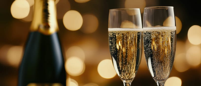 Two sparkling glasses of champagne sit elegantly next to a bottle perfect for a celebratory toast at a festive event.