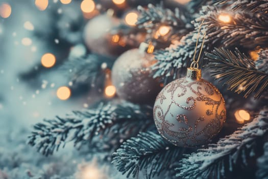 A Christmas tree adorned with sparkling ornaments and soft lights creating a warm festive atmosphere during the holiday season.