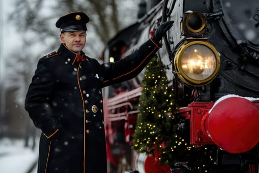 A train conductor stands proudly beside a festive steam locomotive adorned with holiday lights in a snowy outdoor setting.