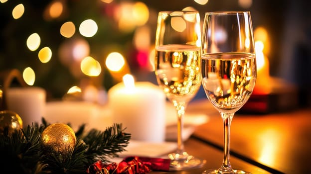 Two elegant glasses filled with sparkling drink are set on a table adorned with festive decorations candles and a Christmas tree.