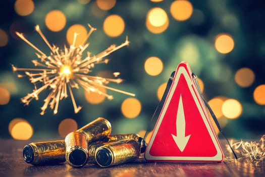 A caution sign is placed near colorful fireworks and sparkling lights creating a festive yet alert atmosphere during the celebration.