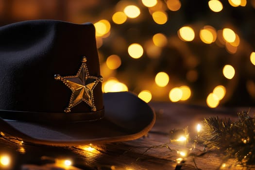 A sheriff hat with a star sits on a rustic wooden table surrounded by glowing holiday lights creating a festive atmosphere.