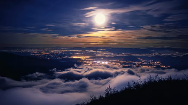A breathtaking view of a city illuminated at night with a full moon shining brightly over clouds in the foreground and hills in the background.