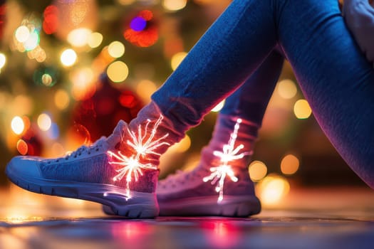 A person sits wearing sneakers adorned with colorful lights next to a beautifully decorated Christmas tree sparkling with ornaments.