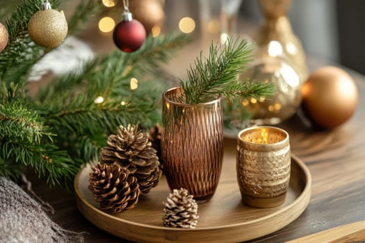 A warm and inviting table setting showcases elegant candles golden accents pine cones and a fresh evergreen sprig perfect for the holiday season.