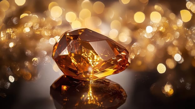 A stunning amber gemstone rests on a reflective surface surrounded by blurred golden lights creating a warm inviting atmosphere.