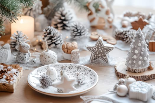 A charming display of winter holiday decorations features snow themed ornaments and treats for a cozy celebration at home.