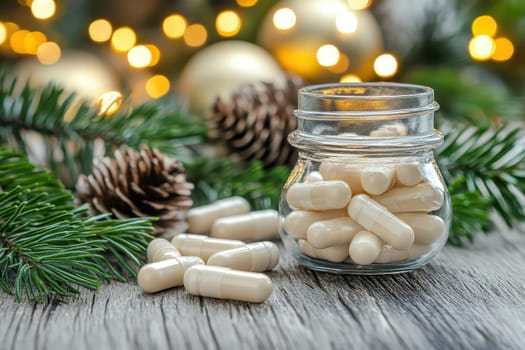 A glass jar filled with white capsules sits on a rustic wooden table surrounded by pine branches and holiday decorations creating a festive setting.