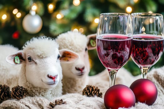 Two adorable lambs rest beside festive decorations and glasses of red wine creating a cozy holiday atmosphere filled with cheer.