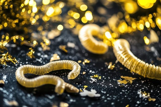 Golden colored worms rest on a dark sparkly surface surrounded by festive confetti creating a magical party atmosphere.