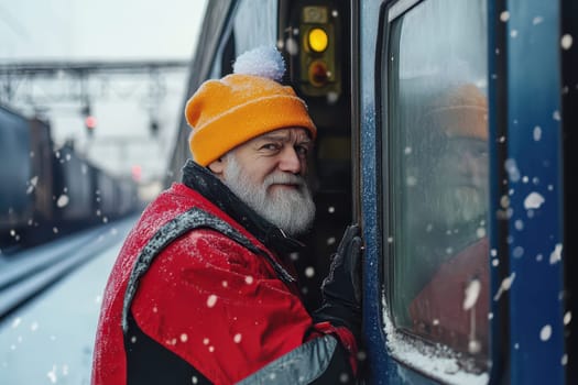 A conductor in a bright orange hat stands near a train surrounded by falling snow at a cold winter station.