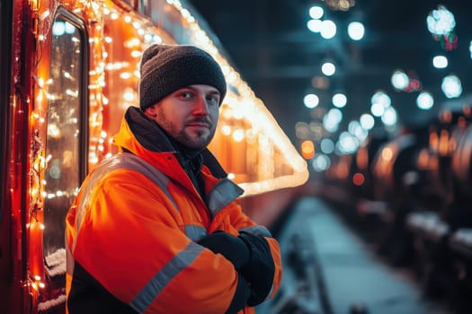 A man in an orange jacket stands confidently near a train adorned with colorful lights during a chilly evening.