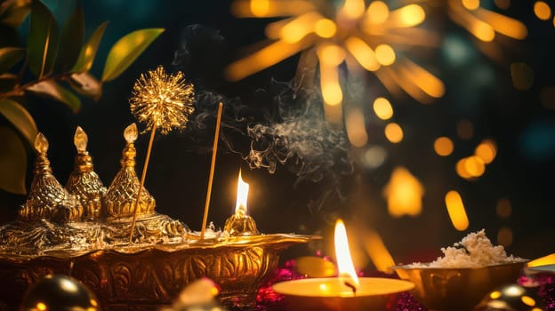 Brightly lit candles and traditional decorations create an inviting atmosphere during a festive celebration in India showcasing joy and spirituality.