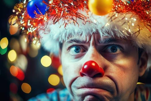 A man with a clown nose looks confused while wearing a holiday hat adorned with shiny decorations in a lively setting full of lights.