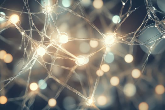 A detailed view of illuminated nodes connected by delicate fibers creating an intricate network that glows softly in dim light.