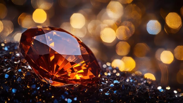 A stunning orange diamond rests on a glittering surface filled with glimmers of light in a dark setting creating an elegant atmosphere.