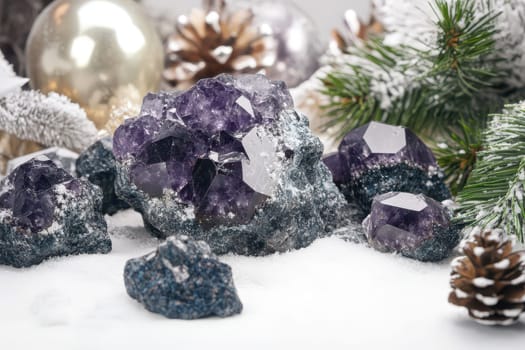 Purple amethyst crystals rest on a snowy surface surrounded by pine branches and pine cones creating a wintery natural display.