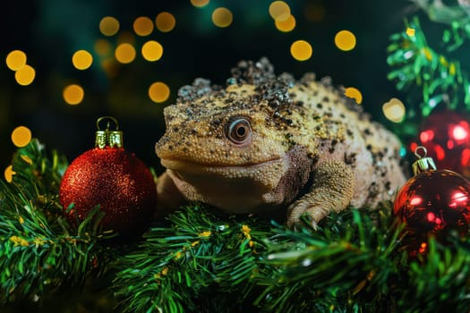 A unique toad sits on festive greenery surrounded by colorful ornaments capturing the essence of holiday cheer at a cozy gathering.