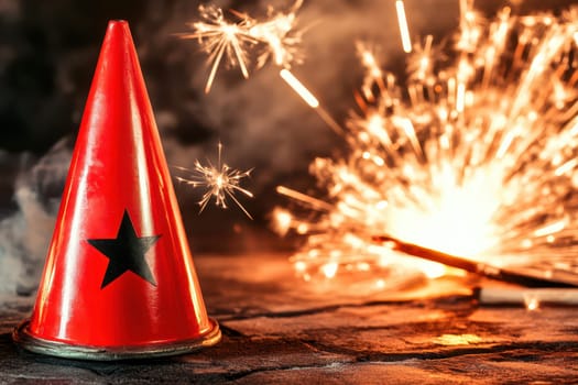 A vibrant red party hat features a black star while dazzling fireworks illuminate the dark surroundings during a festive celebration.