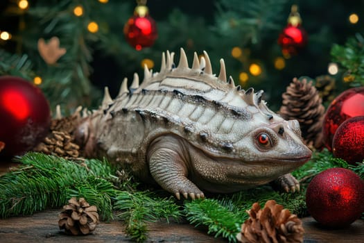 A unique lizard sits surrounded by pinecones and bright ornaments on a festive table during the holiday season.